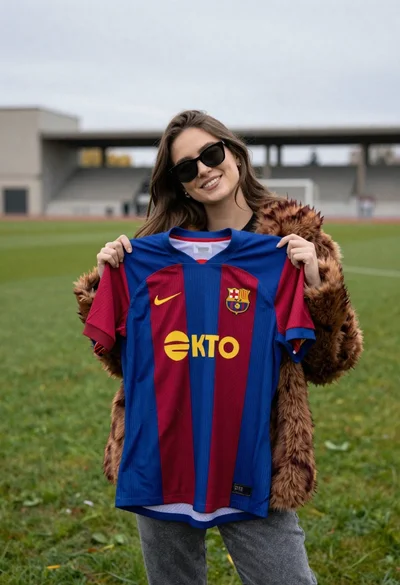 Smiling woman holding striped soccer jersey on green sports field