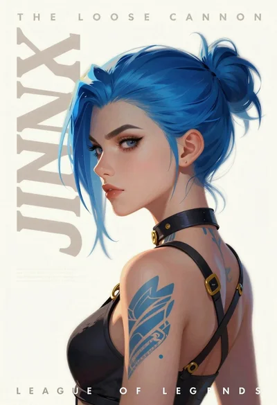 Young woman with blue spiky hair in black top for league of