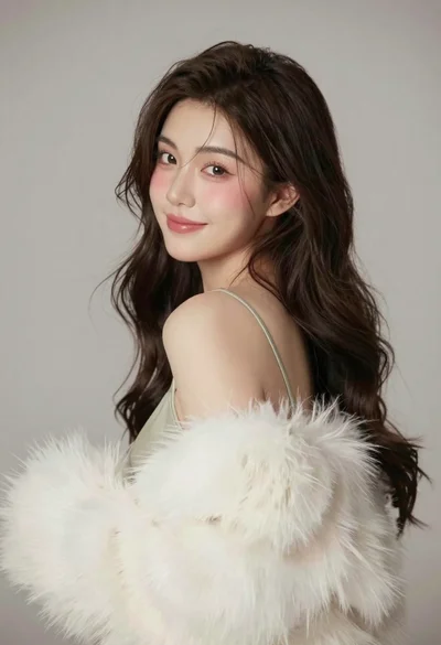Soft portrait of young woman with dark wavy hair wearing white fur