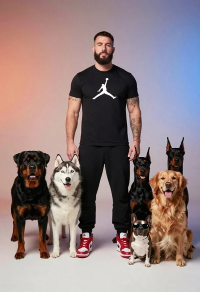 Man standing with five dogs against gradient background