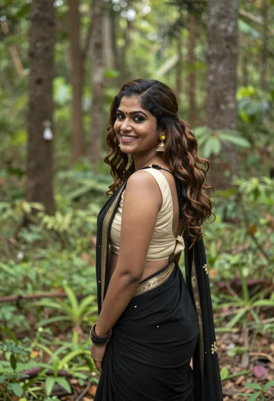 Smiling woman in black saree looking over shoulder in lush green forest