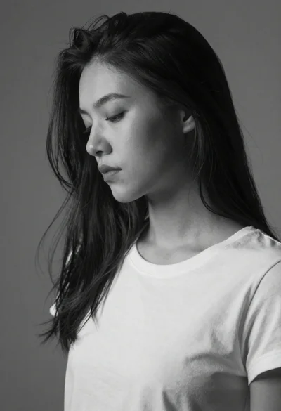 Grayscale portrait of woman with flowing hair in studio light