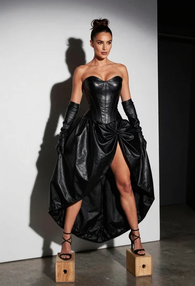 Fashion portrait of woman in black leather dress studio setting