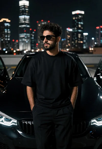 Man leaning against black bmw on rooftop overlooking illuminated city skyline at
