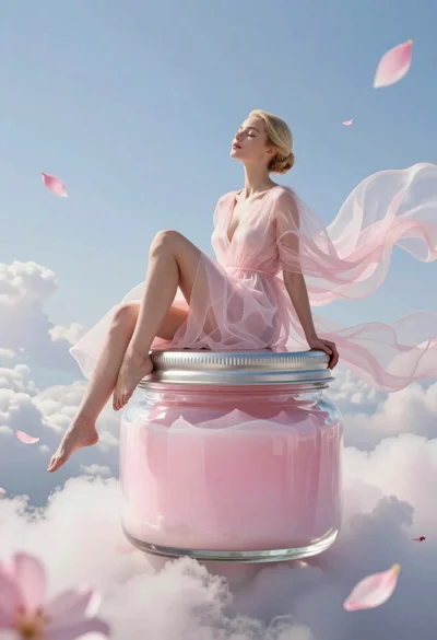 Fair skinned woman with blonde hair sits on a glass jar filled