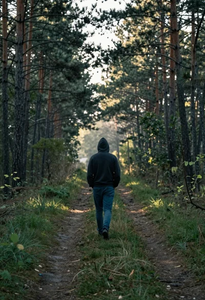 Solitary man walking away down a grassy path through dense pine forest