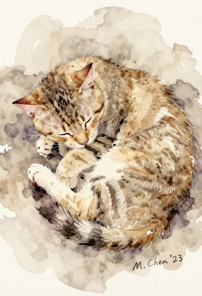 Sleeping tabby cat curled up in beige watercolor wash on textured paper