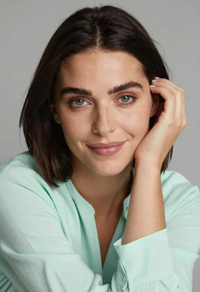 Close up portrait of woman with dark brown hair against grey wall