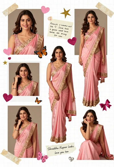 Digital scrapbook collage of a woman in pink saree with decorations