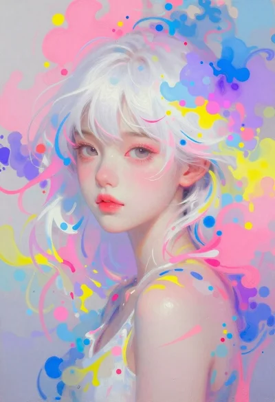 Digital portrait of girl with white hair and paint splashes