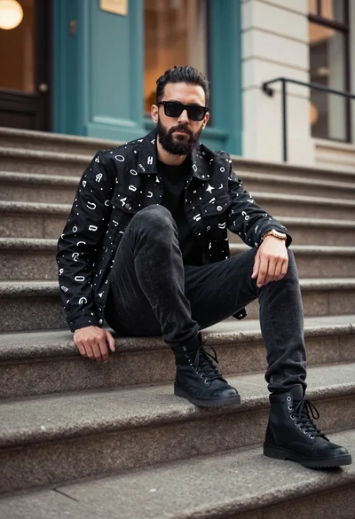 Man in black jacket sitting confidently on stone staircase in urban setting