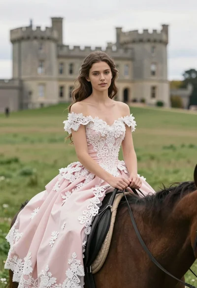Young woman on brown horse before historic castle in lush green meadow