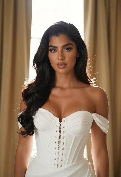 Portrait of young woman in white lace gown against gold curtain backlight