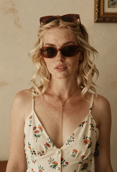 Freckled woman in sundress against aged wall backdrop