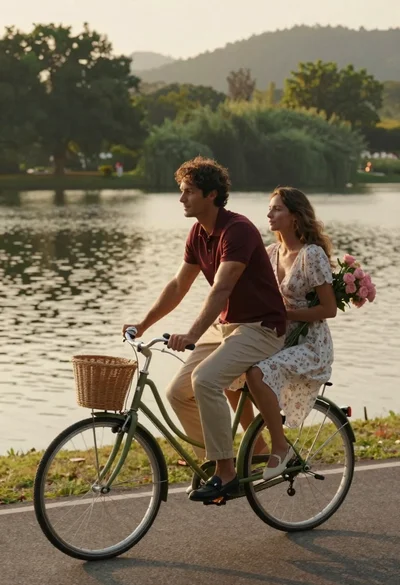 Romantic couple riding vintage bicycle along lakeside path at golden hour