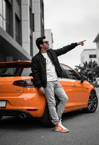 Man leaning against orange hatchback car on urban street low angle shot