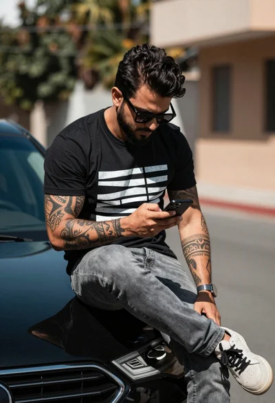 Man sitting on black car hood looking at smartphone in urban setting