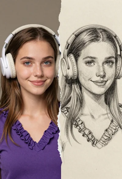 Split composition portrait of young woman with headphones on left and colored