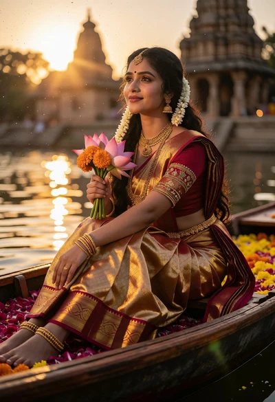 Young woman in maroon saree boat on water near ancient temple at