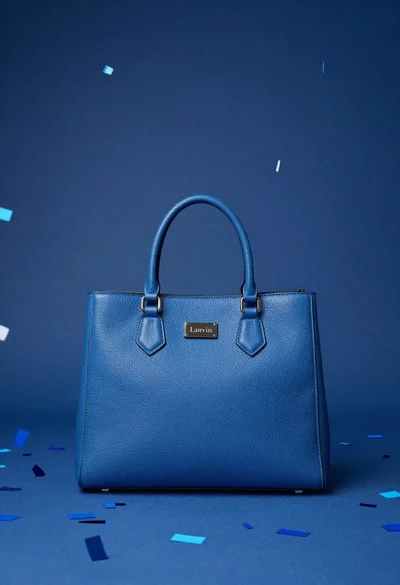 Blue lanvin handbag with confetti in a studio setting