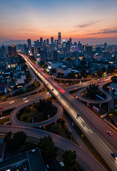 Aerial view of complex highway interchange at twilight with glowing city skyline
