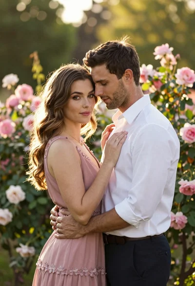Young couple embracing in a lush rose garden during golden hour