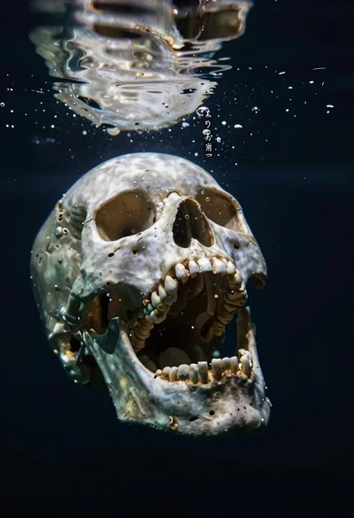 Pale human skull submerged underwater with rising bubbles