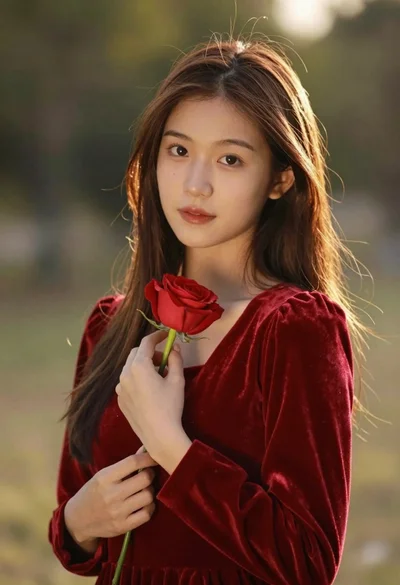 Young woman with long brown hair holding red rose in soft focus