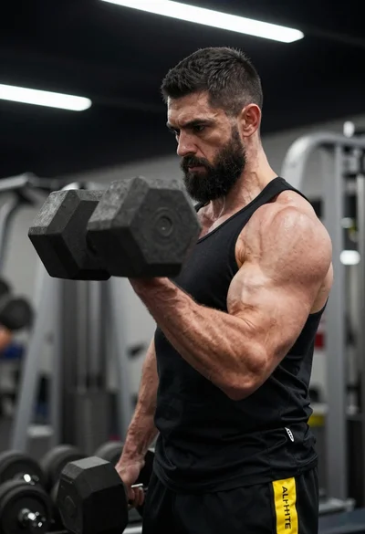Muscular man lifting dumbbell in gym setting with high contrast lighting
