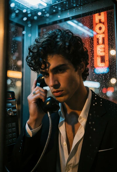 Man in black suit talking on phone inside rainy glass booth