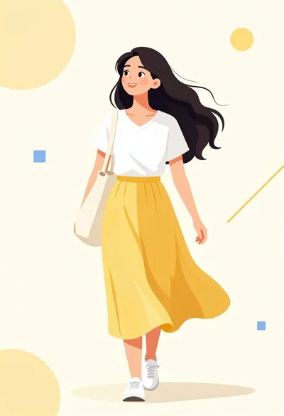 Cheerful young woman walking in yellow skirt against abstract geometric background