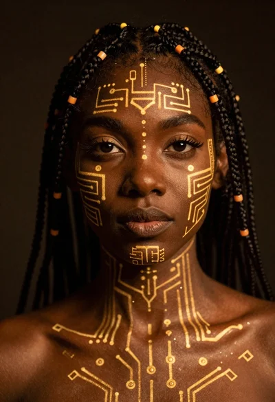 Portrait of woman with glowing circuitry patterns on skin