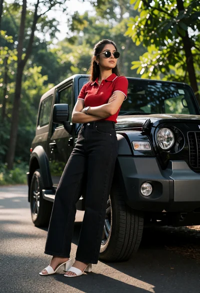 Young woman leaning on black suv on paved road surrounded by green