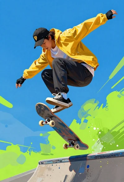 Skateboarder midair against vibrant abstract background