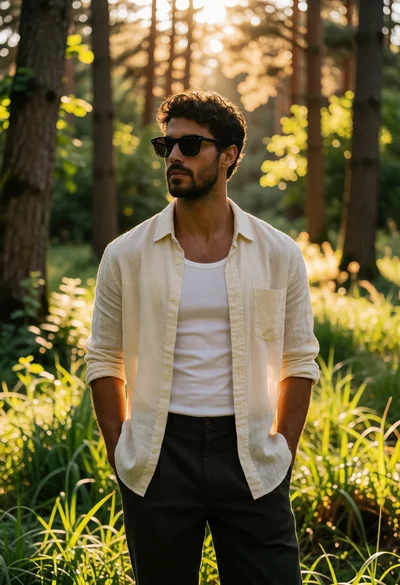 Man in linen shirt standing confidently in sunlit forest clearing outdoors