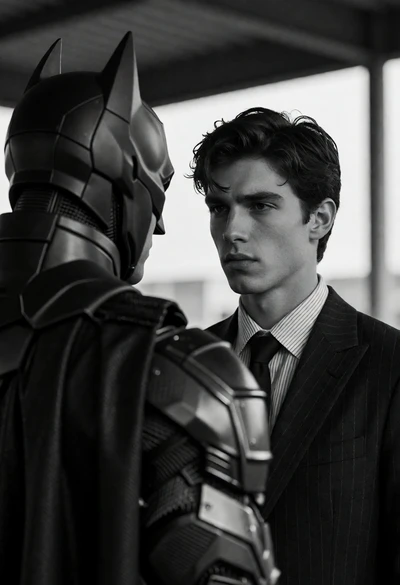 Black and white overtheshoulder shot of man viewing batman figure