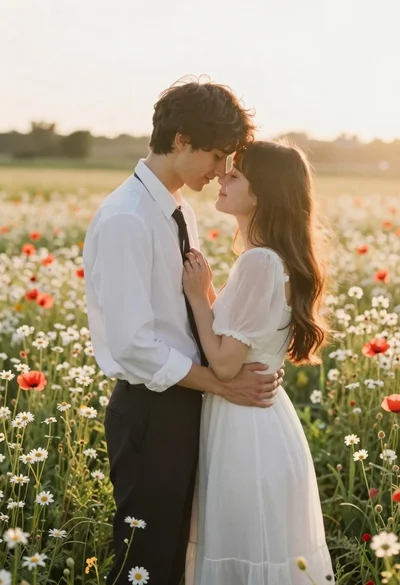 Romantic couple embracing in a sunlit field of wildflowers at golden hour