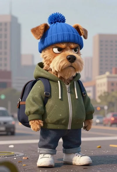 Grumpy dog in blue hat against city skyline