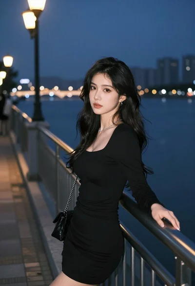 Young woman in black dress leaning on railing at waterfront promenade at
