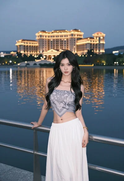 Young woman in grey top and white skirt by water at dusk