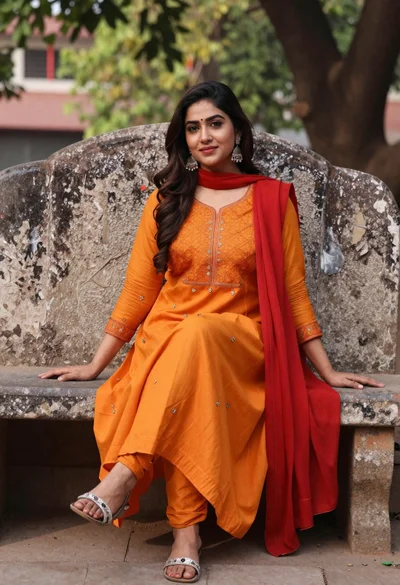 Woman in orange anarkali dress sitting on stone bench outdoors