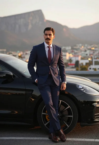 Handsome man in navy suit leaning on luxury sports car by mountains
