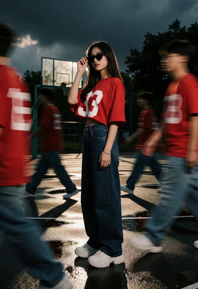 Young woman standing still on wet basketball court amidst blurred moving figures