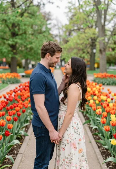 Couple standing close together in a vibrant tulip garden at eye level