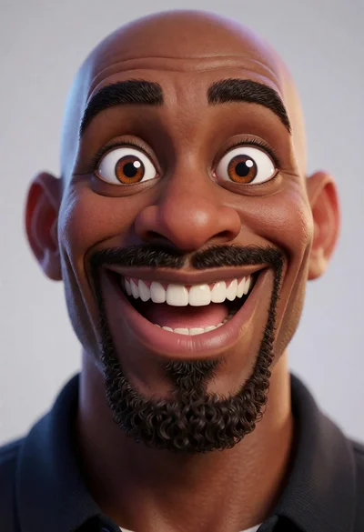 Close up portrait of bald black man with wide smile and expressive
