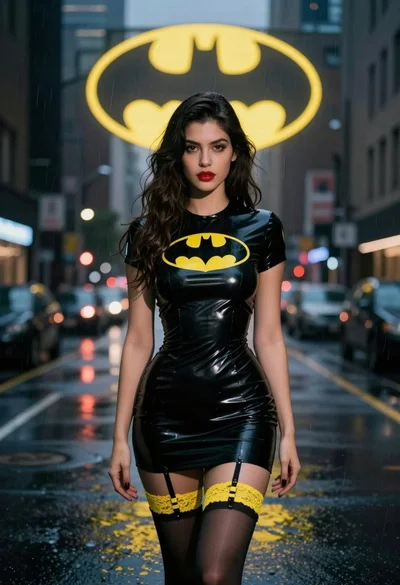 Woman in black latex dress standing on wet rainy city street at