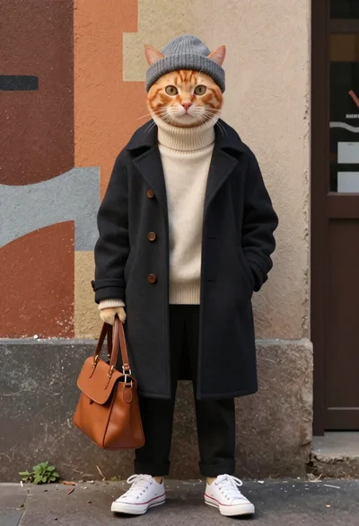 Ginger cat in winter streetwear against textured urban wall