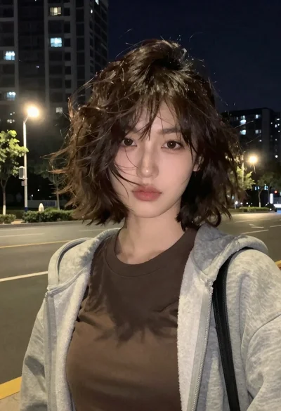 Nighttime portrait of woman in hoodie against city buildings