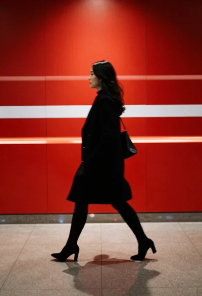 Woman walking past red wall with light streaks
