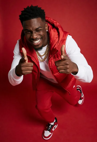Full body shot of black man posing energetically against solid red backdrop
